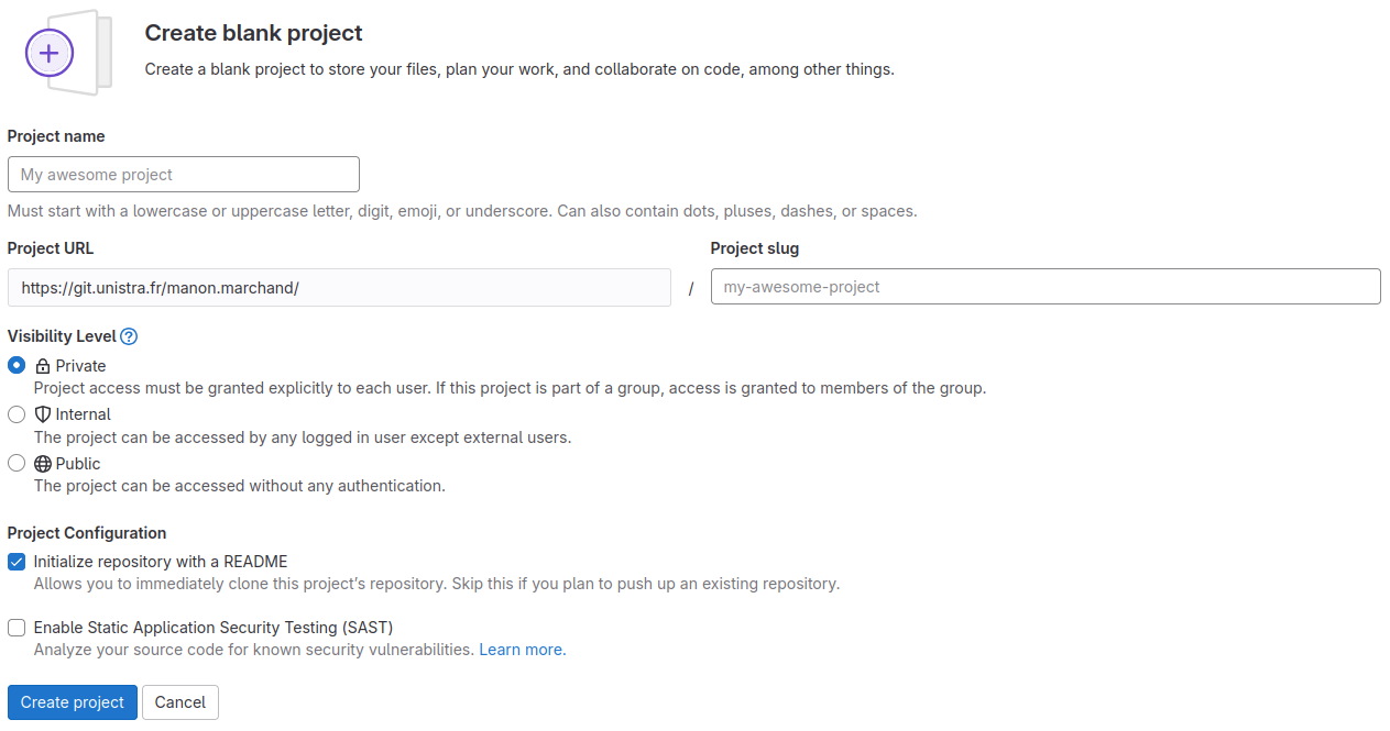 Create blank project form with text input fields labeled “Project name”, “Project URL”, “Project slug”, “Project deployment target (optional)”, a radio button element labeled “Visibility Level” with options “Private” and “Public”, and two checkboxes labeled “Initialize repository with a README” and “Enable Static Application Security Testing (SAST)”.
