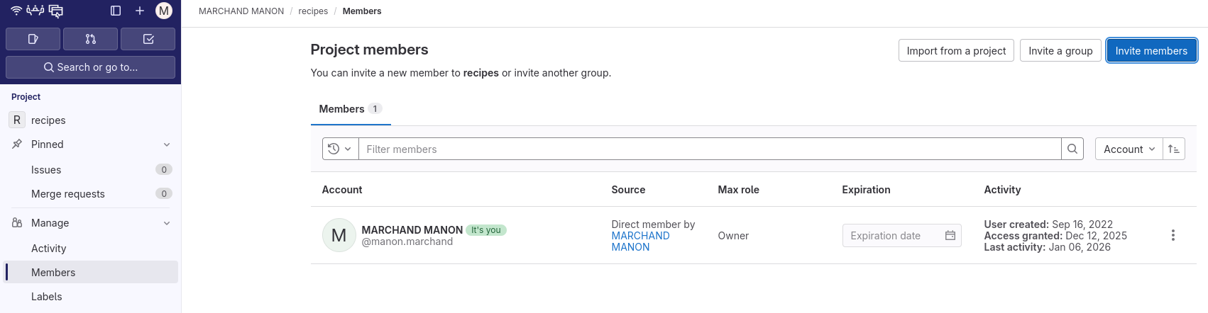 A screenshot of the GitLab Members settings page, which is accessed by clicking "Manage" then "Members"